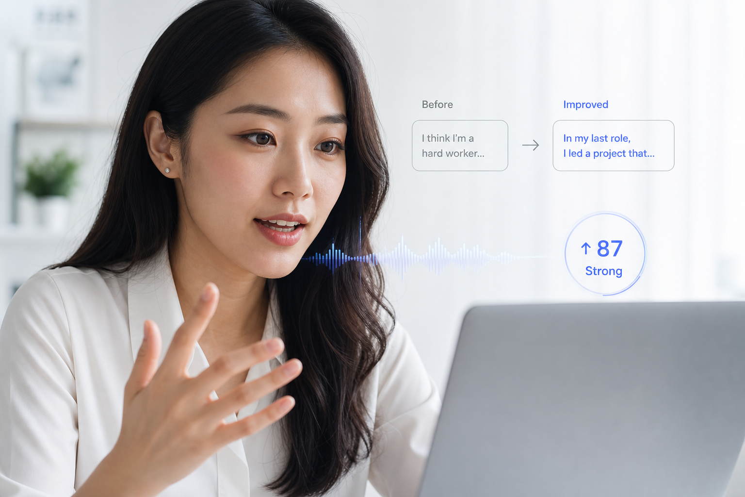 女性求职者正在进行回答改进和语音反馈的 AI 专项陪练