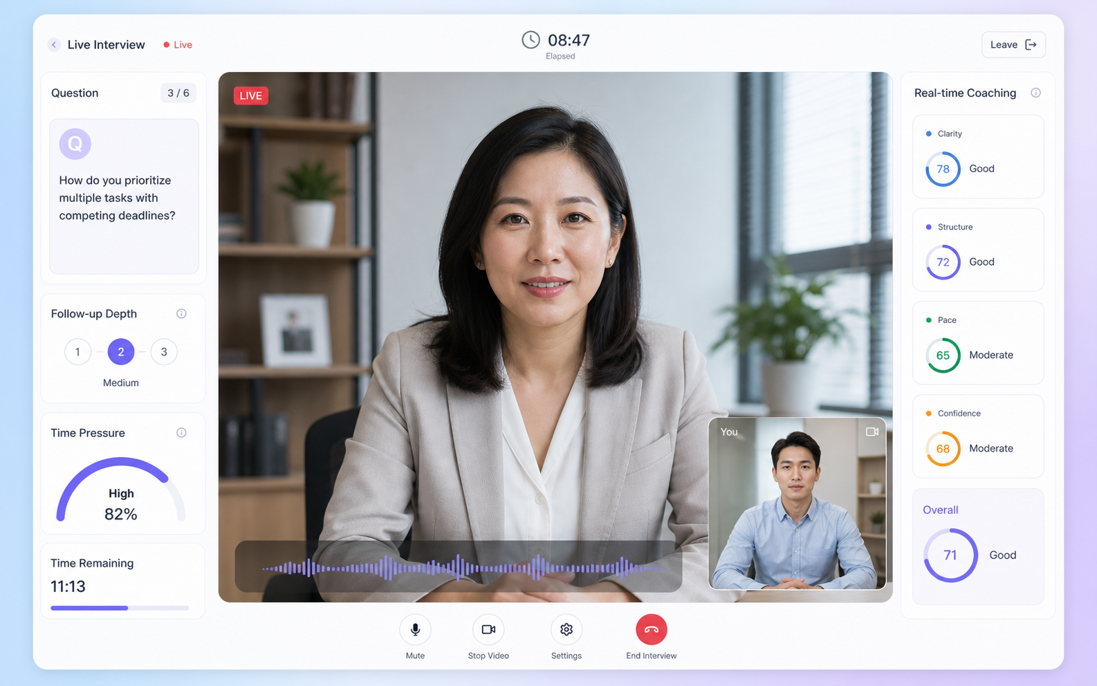 包含真人感 AI 面试官、连续追问、压力计时与实时指标的模拟面试界面